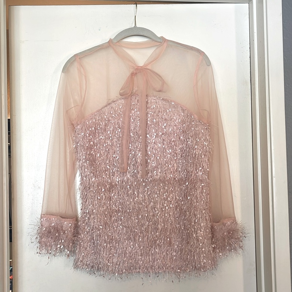 Pink Sheer Long Sleeved String texture tie neck blouse Size small